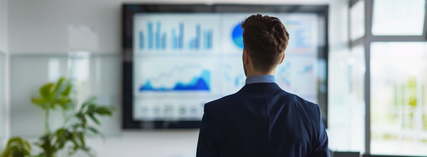 Analytics Weiterbildung: ein Businessmann steht vor einem Bildschirm mit Datenanalysen