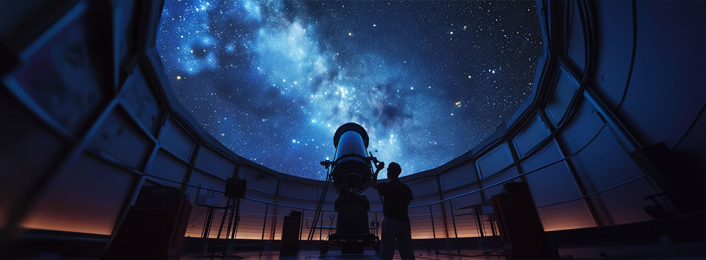 Astronomie Studium: ein Mann guckt mit einem großen Teleskop von einer Sternwarte in den Sternenhimmel