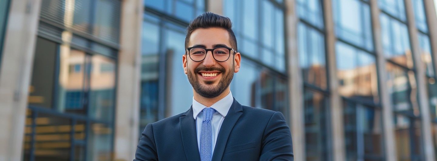 Bank- und Kapitalmarktrecht Studium: Lächelnder Mann im Anzug steht vor einem modernen Gebäude