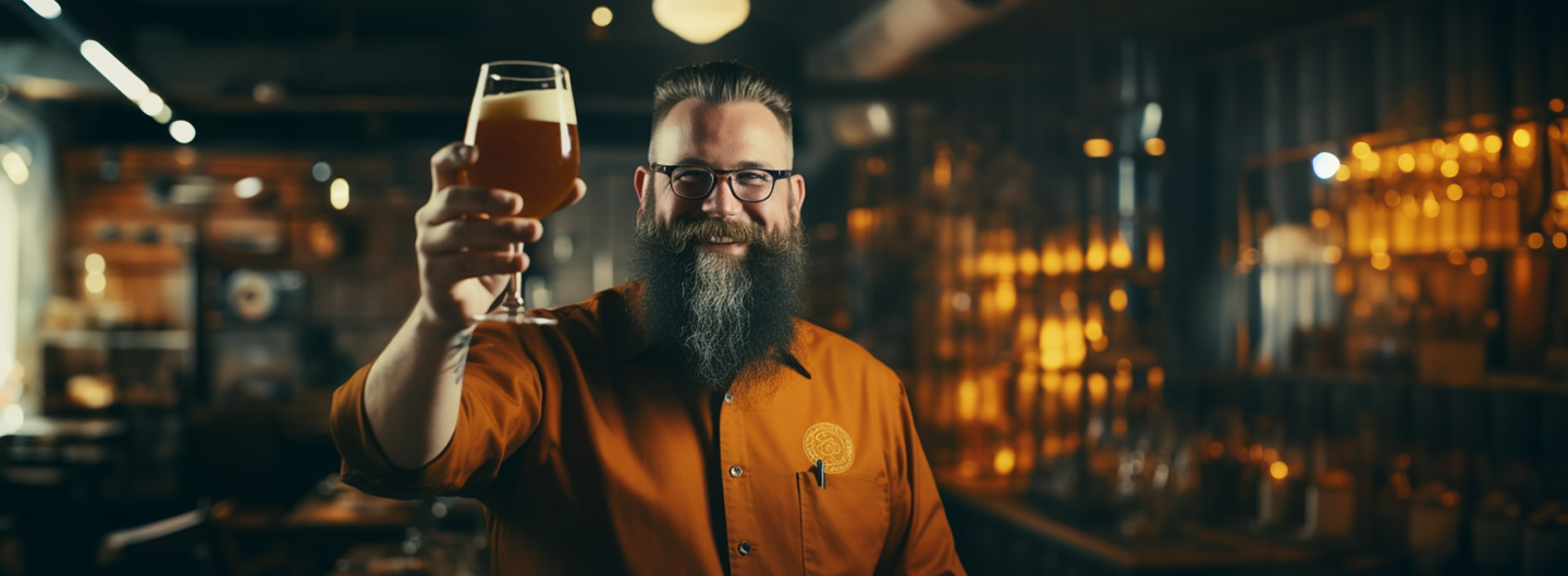 Bierbrauer Ausbildung: Brauereimeister, der ein Glas Bier in der Hand hält, Herstellung von Handwerksbier
