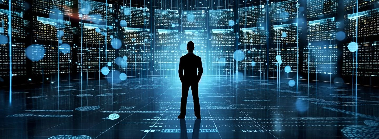 Big Data Studium: ein Mann steht in mitten von blau leuchtenden Datensymbolen in einem großen Serverraum