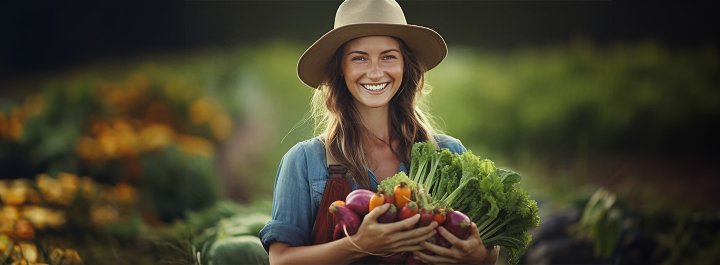 Biologische Landwirtschaft Studium: eine lachende Frau mit verschiedenen Gemüsesorten in der Hand steht auf einem Acker