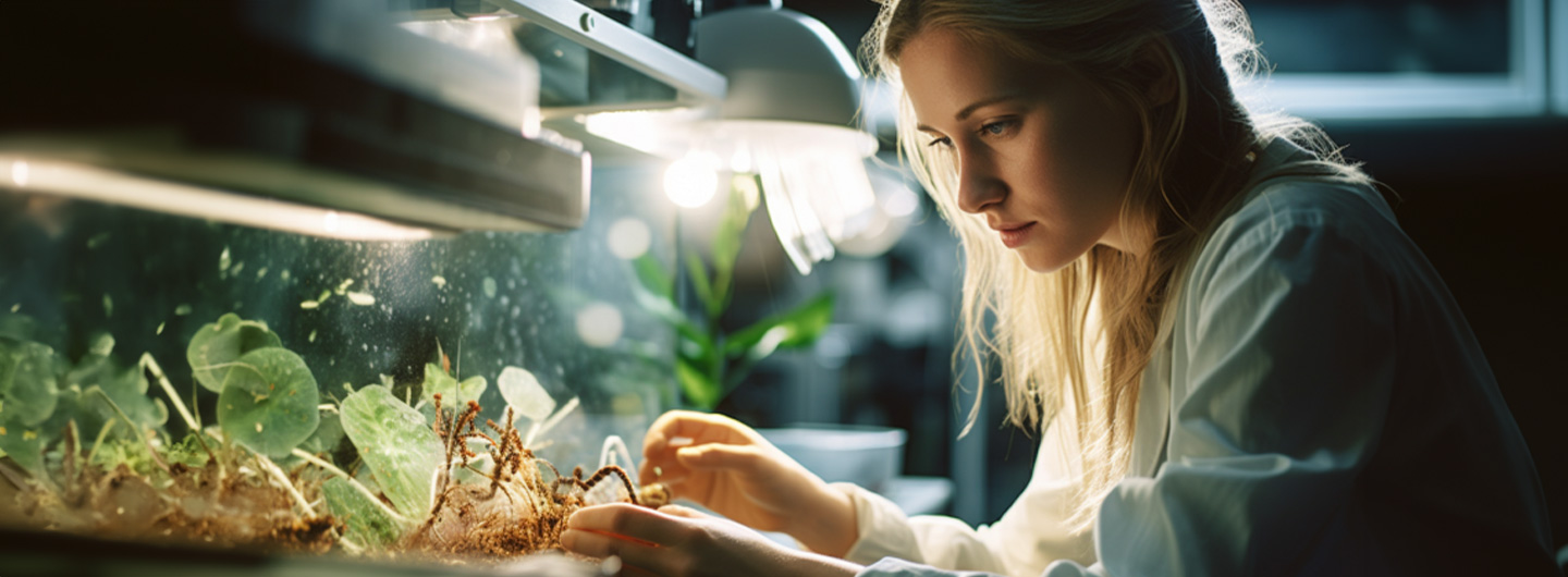 Biotechnologie Studium: Eine Studentin untersucht Pflanzen unter einem Mikroskop