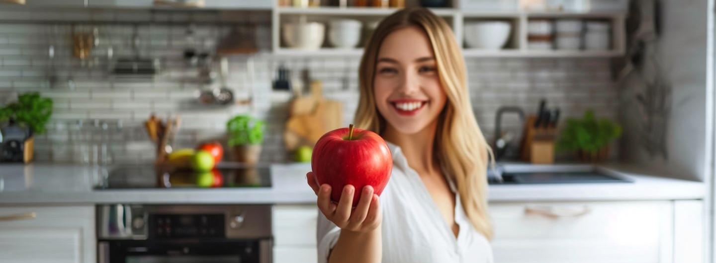 Diätetik Studium: eine Ernährungsberaterin hält einen roten Apfel in die Kamera