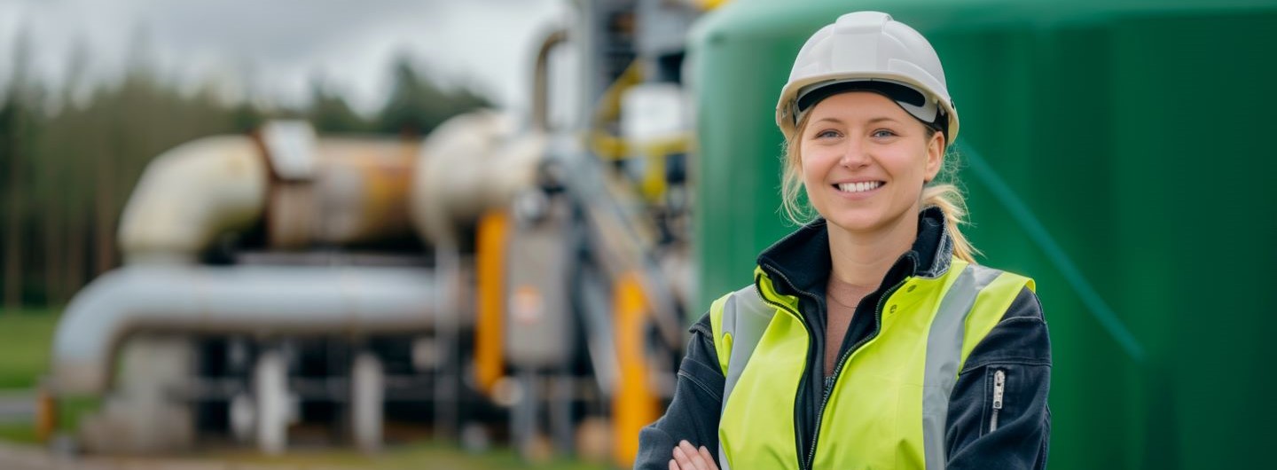 Energieerzeugung aus Biomasse Weiterbildung: eine Managerin einer Biogasanlage steht vor der Anlage und lächelt in die Kamera