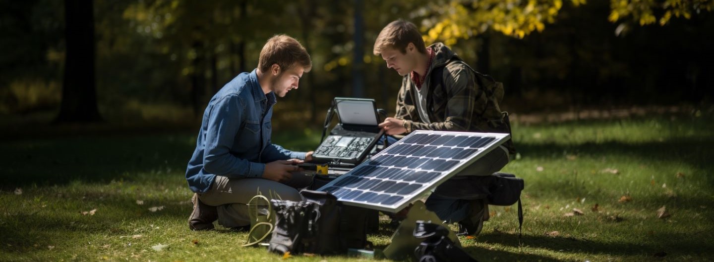 Zwei Studenten sitzen mit Laptop im Sonnenlicht und arbeiten an einem Solarpanel