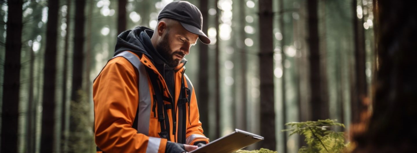 Förster Studium: Mann erfasst in einem Wald Daten auf einem Tablet