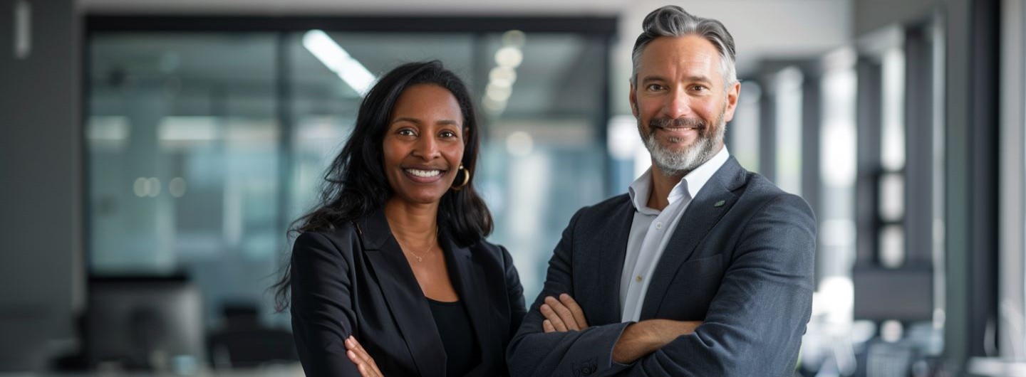 Gender Mainstreaming Weiterbildung: eine Businessfrau und ein Businessfrau stehen nebeneinander im Büro und lächeln in die Kamera