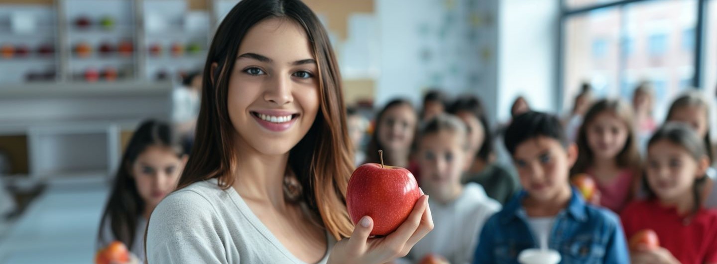 Gesundheitsförderung für Kinder Weiterbildung: eine junge Frau steht mit einem Apfel in der Hand vor einer Klasse mit jungen Schülern und lächelt in die Kamera