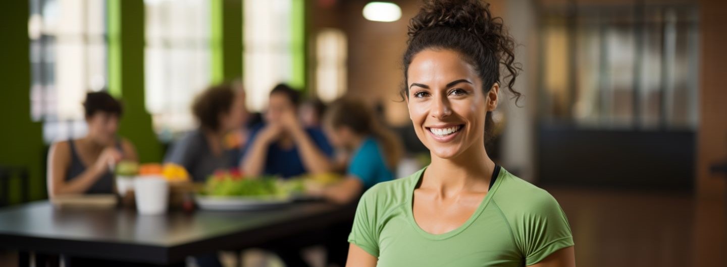 Gewichtscoach Weiterbildung: Ein junger weiblicher Gewichtscoach guckt lächelnd in die Kamera, im Hintergrund sitzen ihre Klienten