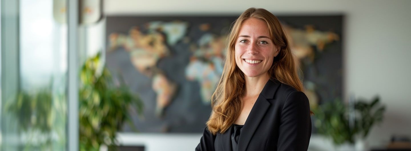 Interkulturelle Kompetenz Weiterbildung: eine junge Frau im Businesslook steht lächelnd vor einer Weltkarte