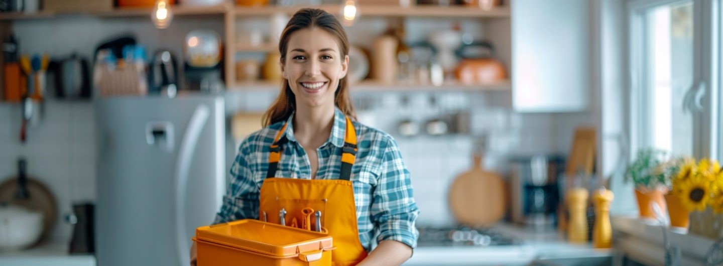 Knigge für Handwerker und Servicetechniker Weiterbildung: eine junge Handwerkerin steht in der Küche eines Kunden und lächelt in die Kamera