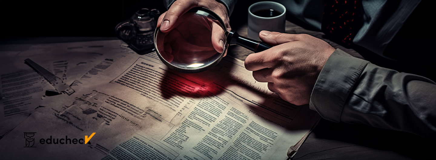 Kriminalpolizei Studium: eine Hand, die ein Vergrößerungsglas auf einem alten Polizeibericht hält, Kriminalfall