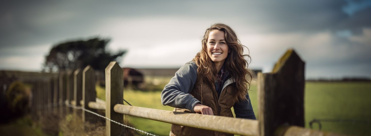 Landwirtschaft Studium: Landwirtin steht lächelnd an einem Zaun auf einem Hof