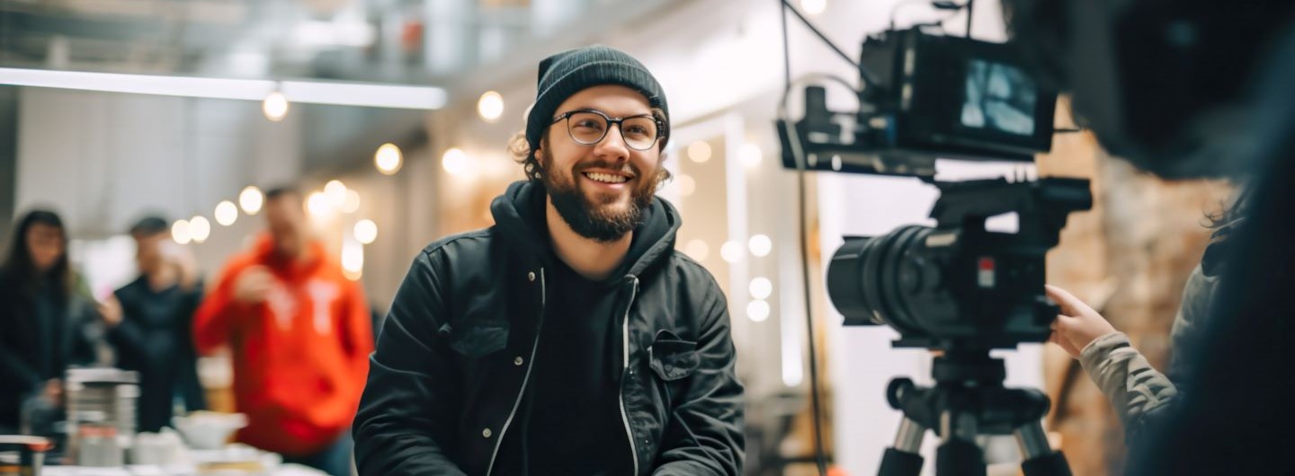 Media Production Studium: Ein Mann lächelt bei einem Interview in die Kamera
