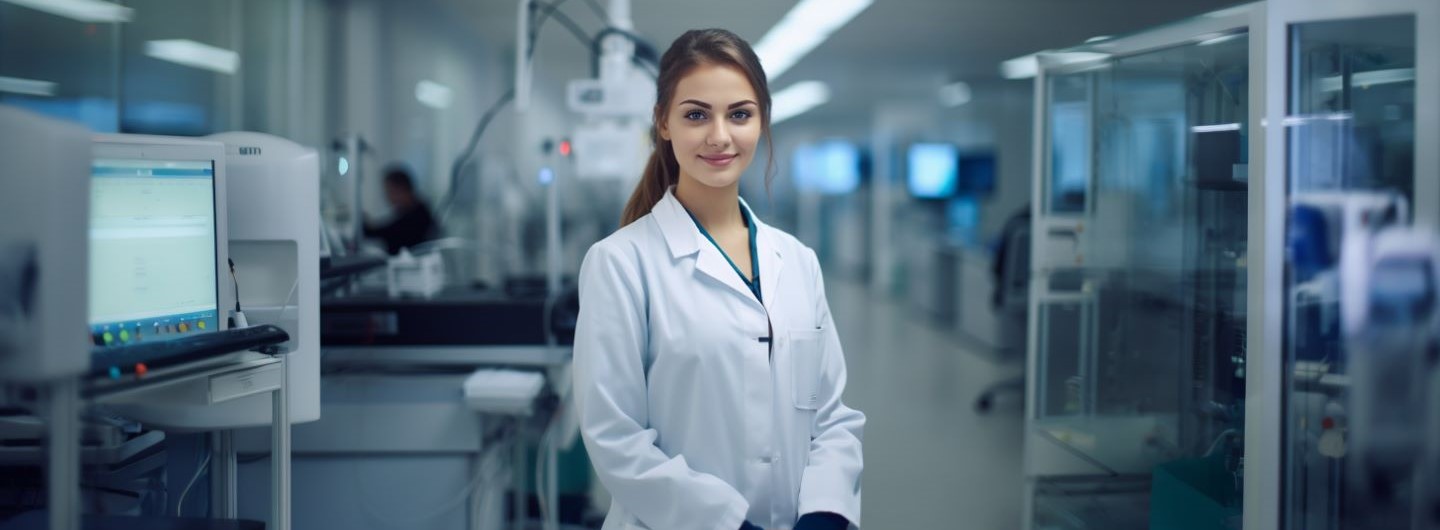Medizintechnik Studium: eine junge Medizintechnikerin steht im Labor und lächelt in die Kamera