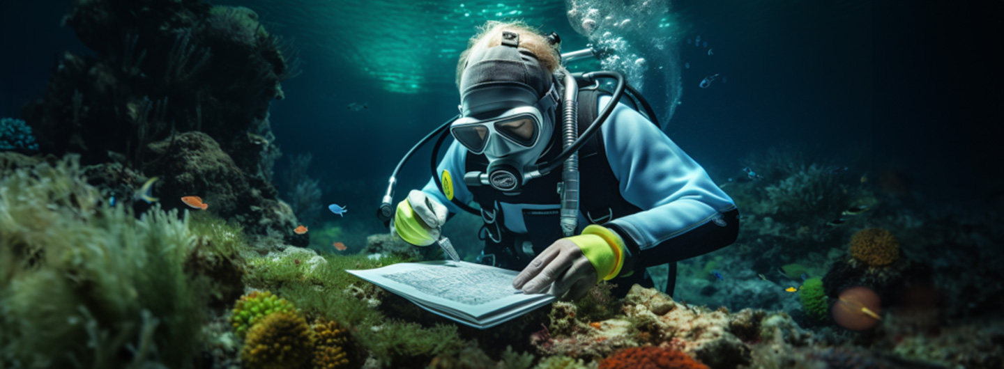 Meeresbiologie Studium: Meeresbiologe im Neoprenanzug und Tauchausrüstung nimmt unter Wasser Algenproben