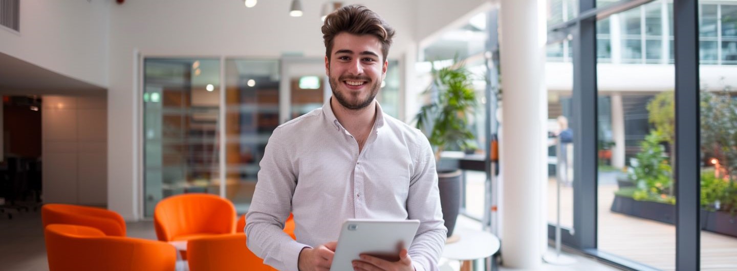 Ein junger Mobile and Distributed Computing Manager steht im Büro und lächelt in die Kamera, er hält ein Tablet in der Hand