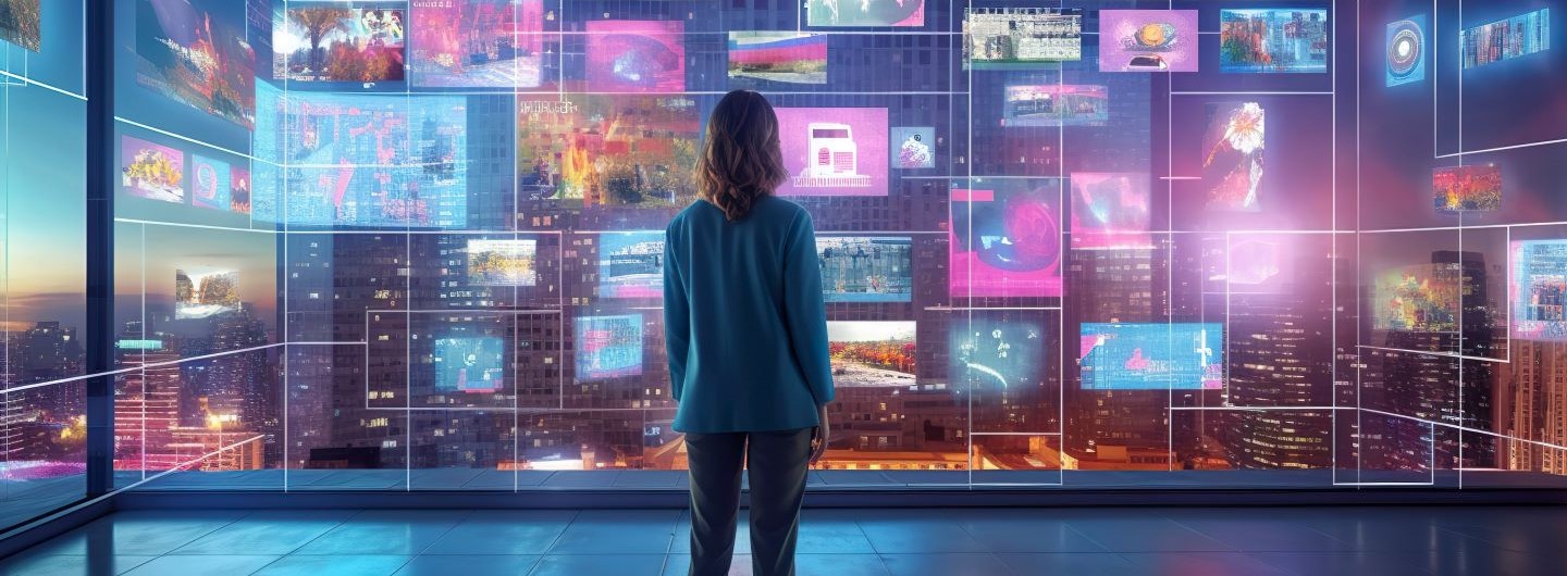 Multimedia Design Weiterbildung: eine Frau steht vor einer Wand mit zahlreichen Monitoren mit multimedialen Inhalten
