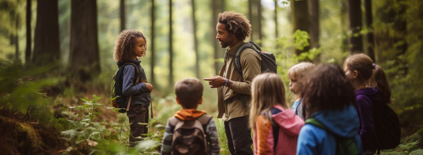 Natur- und Umweltpädagogik Weiterbildung: Ein Umweltpädagoge steht mit kleinen Kindern im Wald und erklärt ihnen etwas.