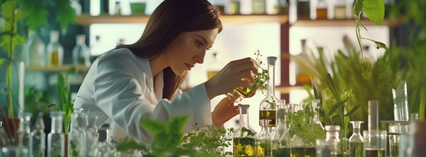 Naturwissenschaftlerin arbeitet in Labor mit Pflanzen