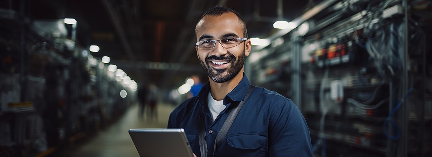Netzwerktechniker Weiterbildung: ein junger Netzwerktechniker steht in einem Serverraum und lächelt in die Kamera
