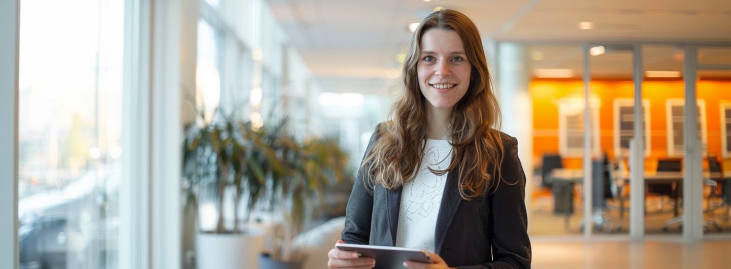 Office Management Studium: eine junge Office Managerin steht lächelnd mit einem Tablet in der Hand in einem modernen Büro