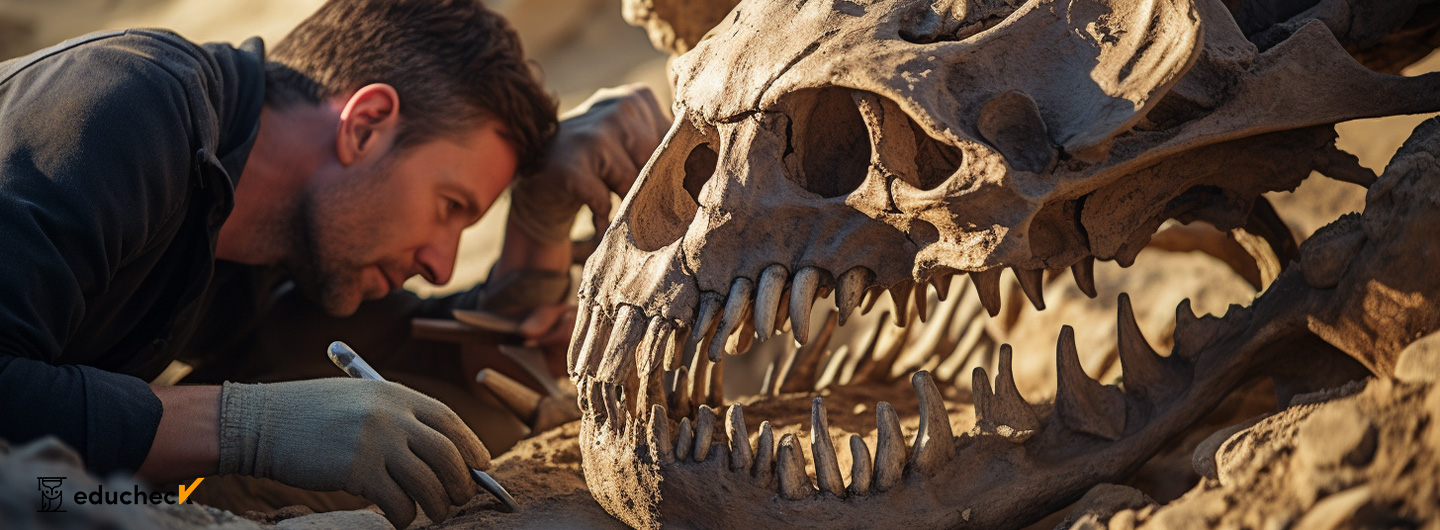 Paläontologie Studium: Paläontologe gräbt vorsichtige ein Skelett eines Tieres aus