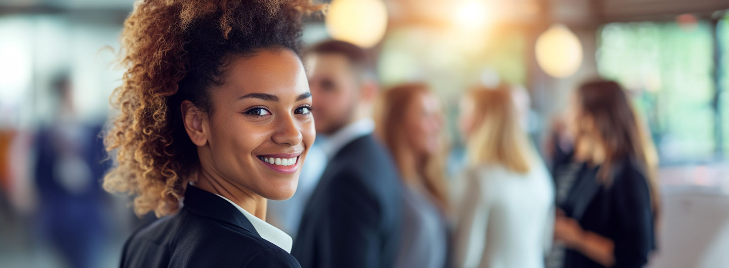 Persönlichkeitstraining Weiterbildung: eine junge Persönlichkeitstrainerin im Business-Look blickt lächelnd in die Kamera, im Hintergrund sind ihre Trainees zu sehen