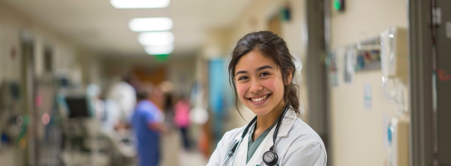 Physician Assistant Studium Lächelnde Frau mit medizinischer Bekleidung steht im Flur eines Krankenhauses