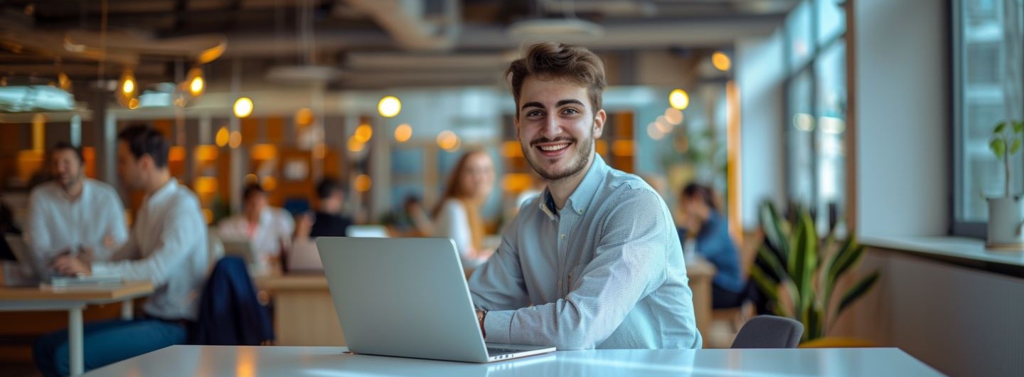 Plattformentwickler für Salesforce Weiterbildung: Lächelnder Mann in einem Büro an einem Laptop