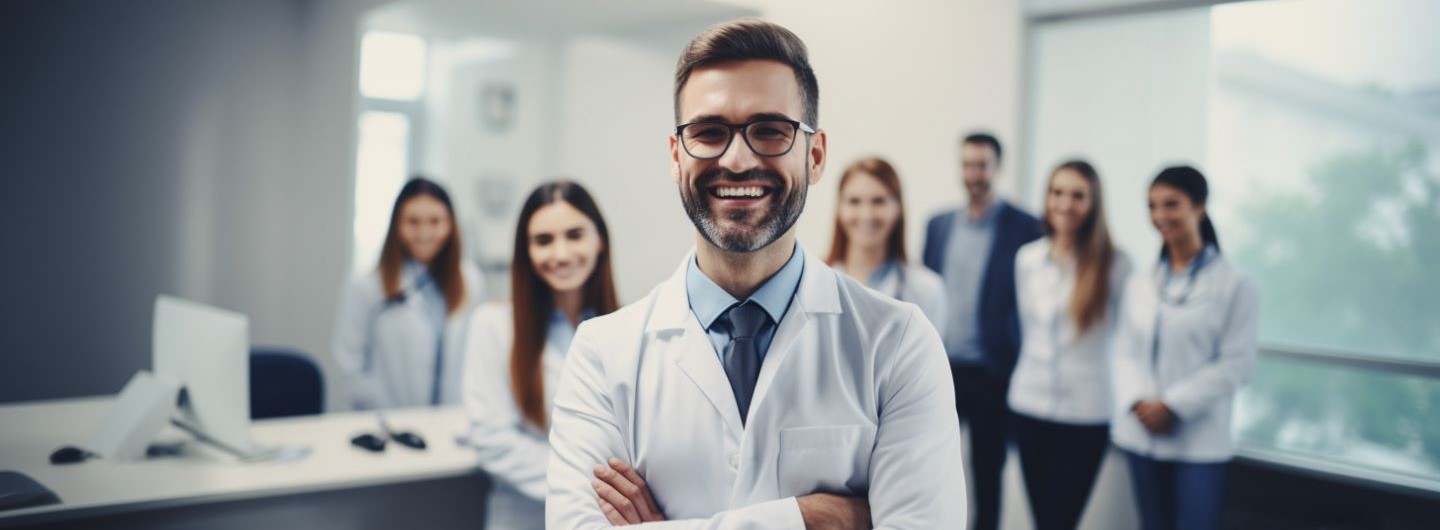 Praxismanagement Weiterbildung: Ein Praxismanager steht in einer Arztpraxis und lächelt in die Kamera, hinter ihm steht sein Team