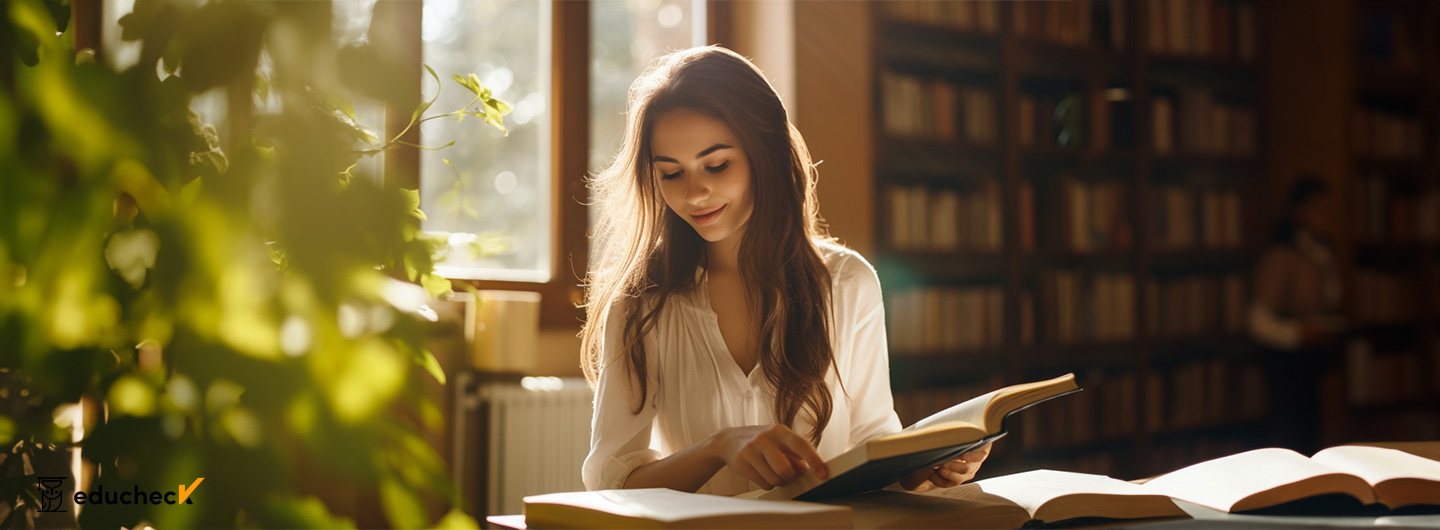 Romanistik Studium: eine junge Frau lernt in einer Bibliothek