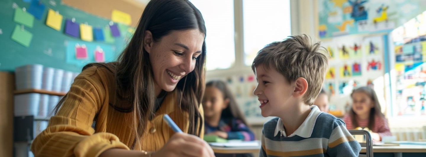 Schulbegleiter Weiterbildung: eine junge Schulbegleiterin sitzt neben einem Grundschüler in der Klasse, beide lächeln
