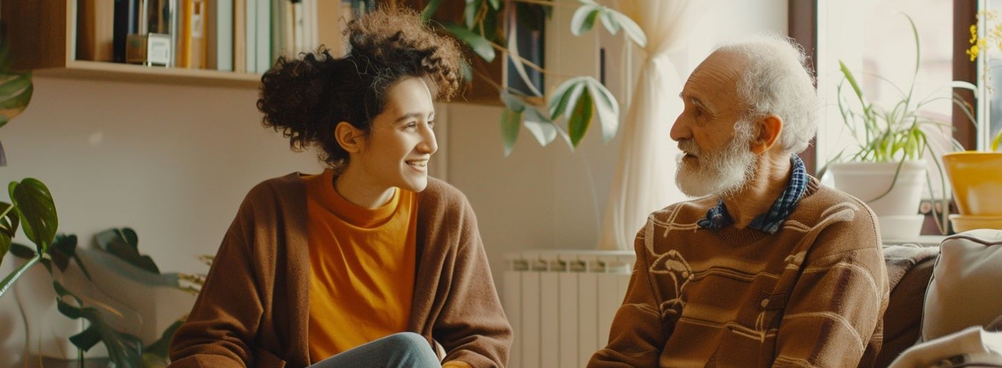 Seniorenberater Ausbildung: eine junge Seniorenberaterin spricht mit einem älteren Mann in seinem Wohnzimmer