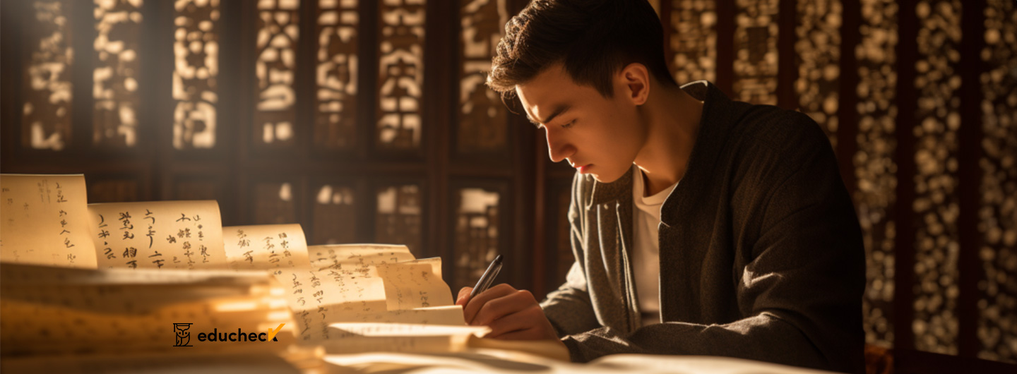 Student lernt und untersucht chinesische Schriftzeichen in einer Bibliothek