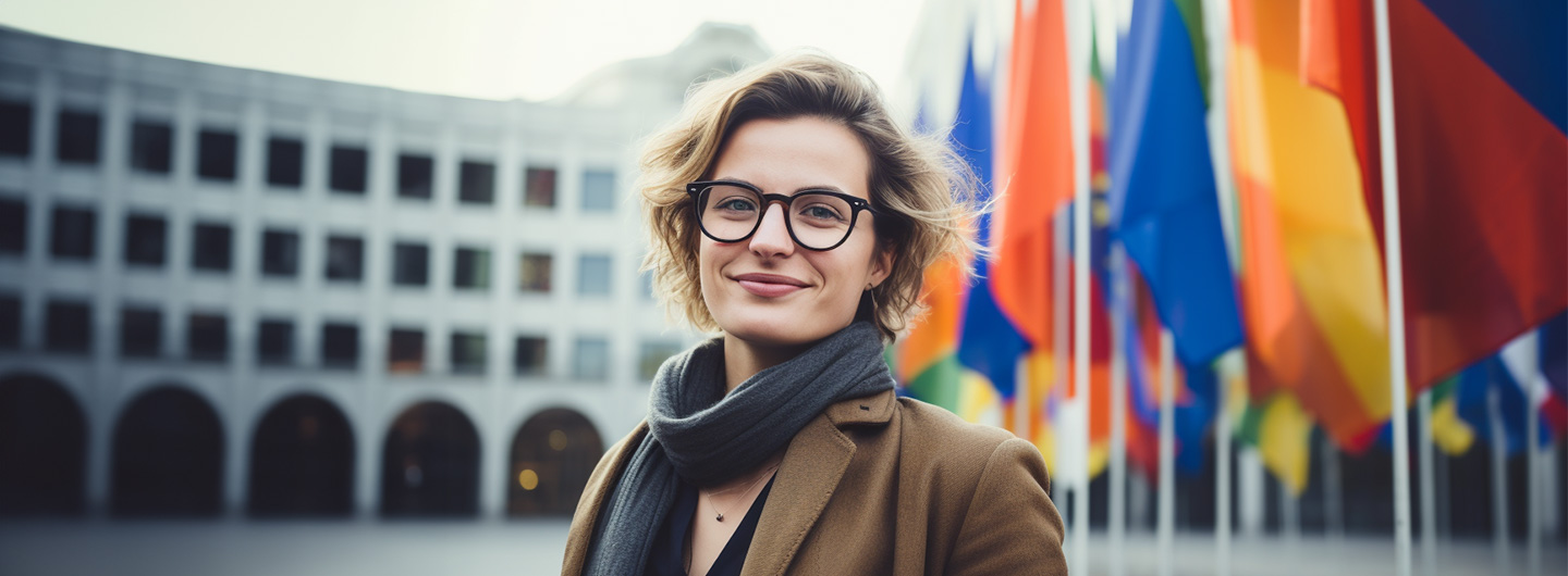 Staatswissenschaften Studium: eine Frau mit schwarzer Brille lächelt in die Kamera vor Flaggen der EU