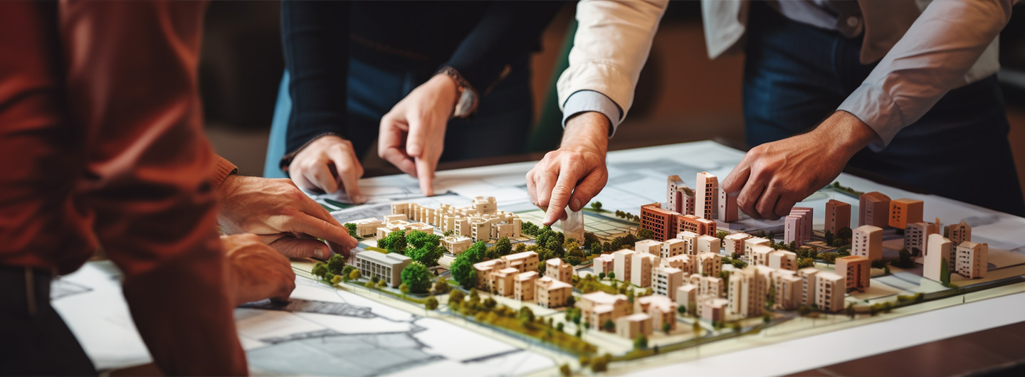 Stadtplanung Studium: Menschen diskutieren über Grundstücke auf der Katasterkarte für den Bau von Mehrfamilienhäusern