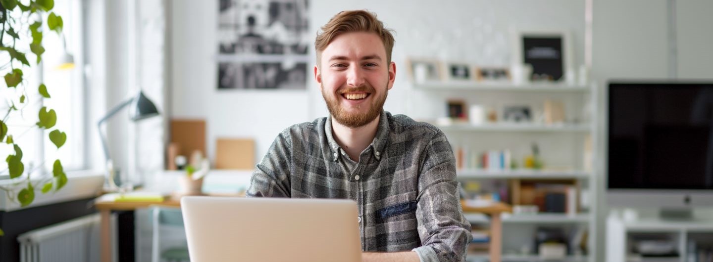 Storytelling Weiterbildung: ein junger Autor sitzt an seinem Laptop und lächelt in die Kamera