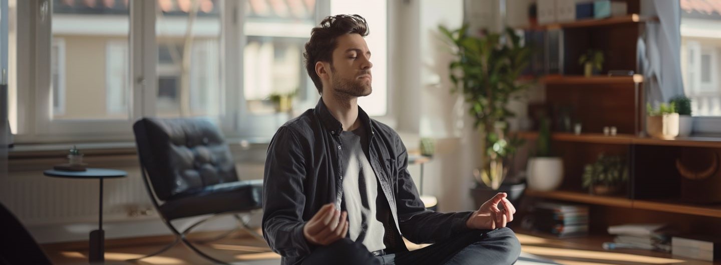 Stress- und Belastungsmanagement Weiterbildung: ein junger Mann sitzt mit geschlossenen Augen in einer Meditationspose auf dem Fußboden