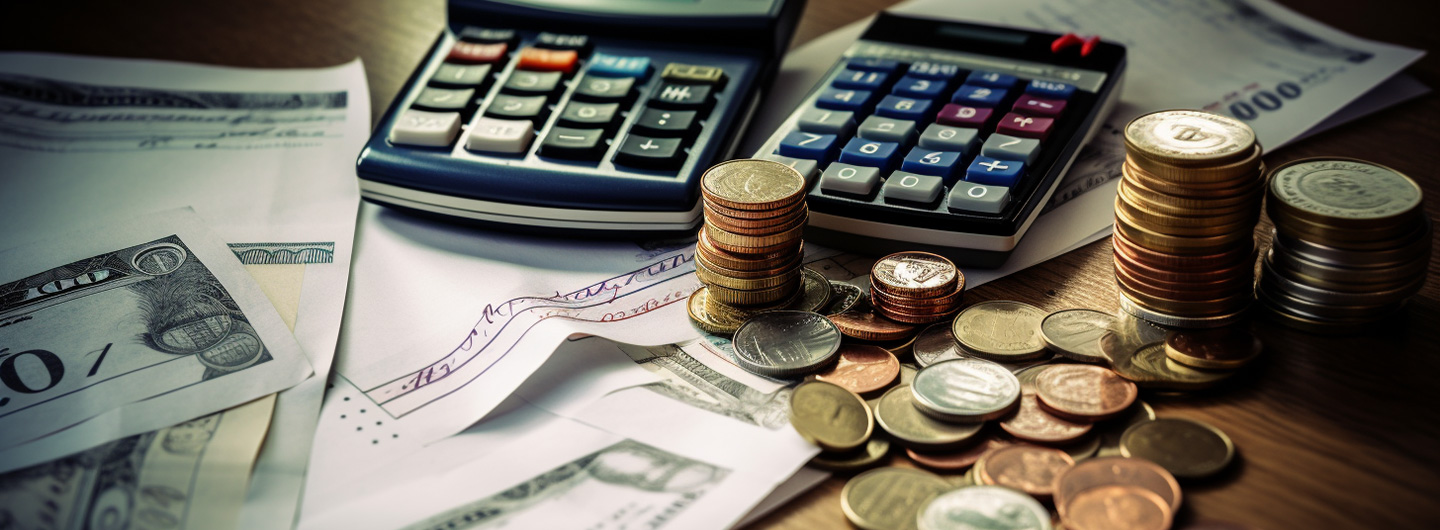 Taxation Studium: Nahaufnahme eines Tisches mit Taschenrechner, Geld und Dokumenten darauf