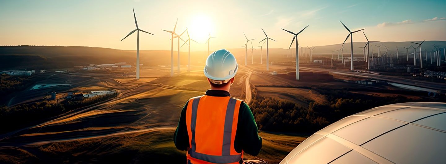 Techniker für erneuerbare Energien Weiterbildung: Ein Techniker für Windanlagen sitzt auf einem Windrad und guckt in die Landschaft
