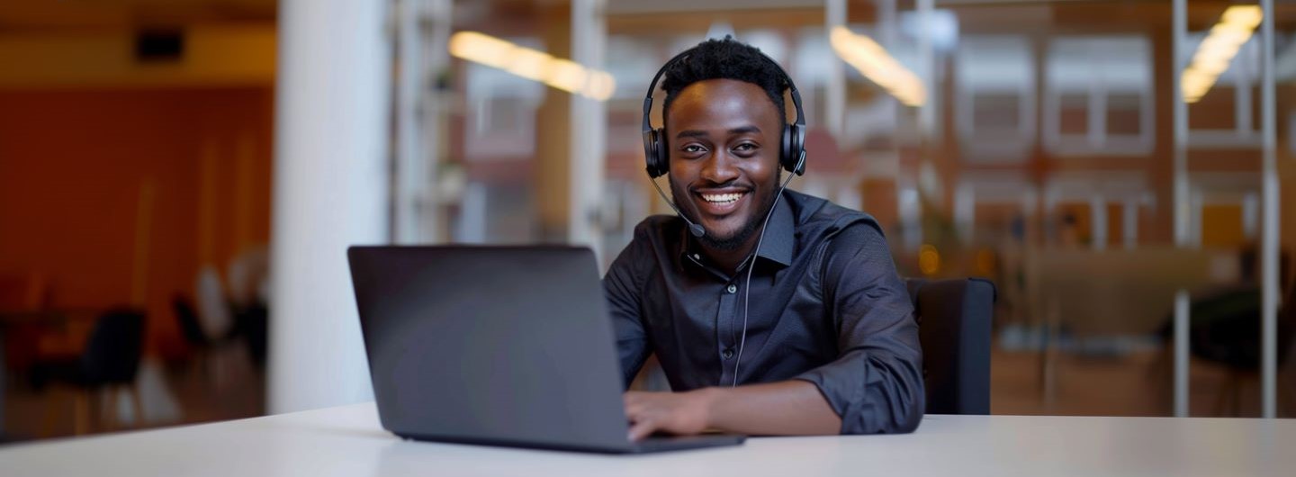 Telefontraining Weiterbildung: ein junger Mann sitzt mit einem Headset lächelnd am Laptop