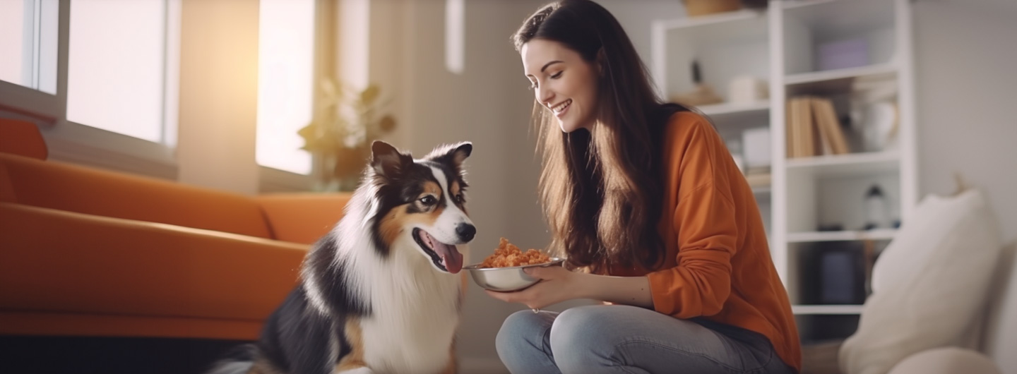 Tierernährungsberater Ausbildung: eine junge Frau gibt einem Hund etwas zu essen