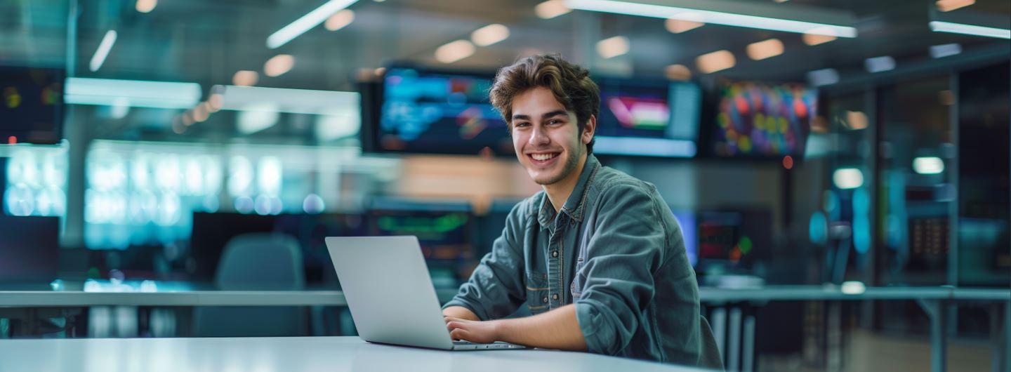 Junger Mann sitzt lächelnd an einem Laptop in einem modernen Office