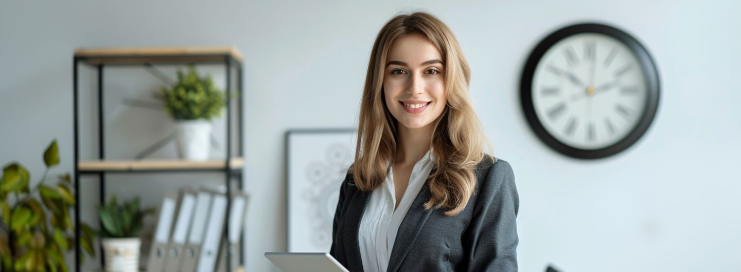 Zeitmanagement Weiterbildung: eine junge Businessfrau steht mit einem Tablet im Büro, im Hintergrund eine große Uhr