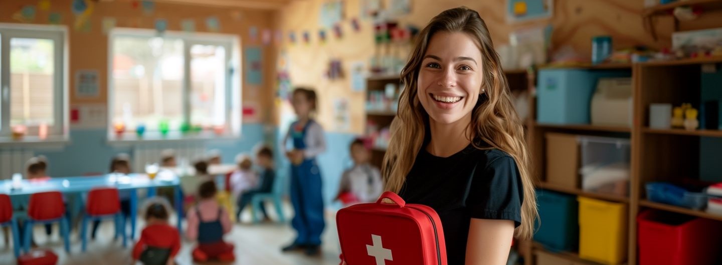 eine junge Erzieherin steht mit einem Erste-Hilfe-Kit im Arm in einem Kindergarten, Kinder spielen im Hintergrund