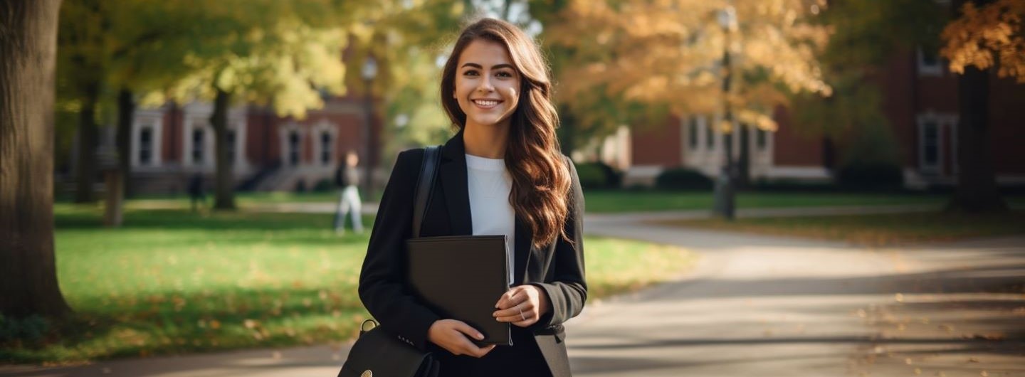 MBA Studentin steht mit Laptop im Arm auf dem Campus